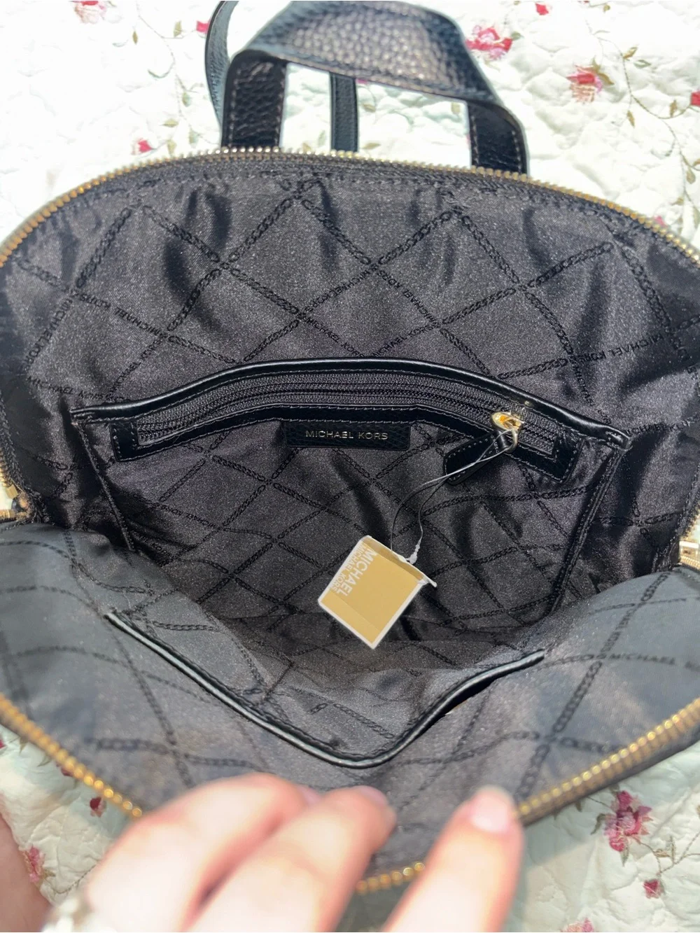 Michael Kors Black Pebbled Leather Backpack with Gold Accents
